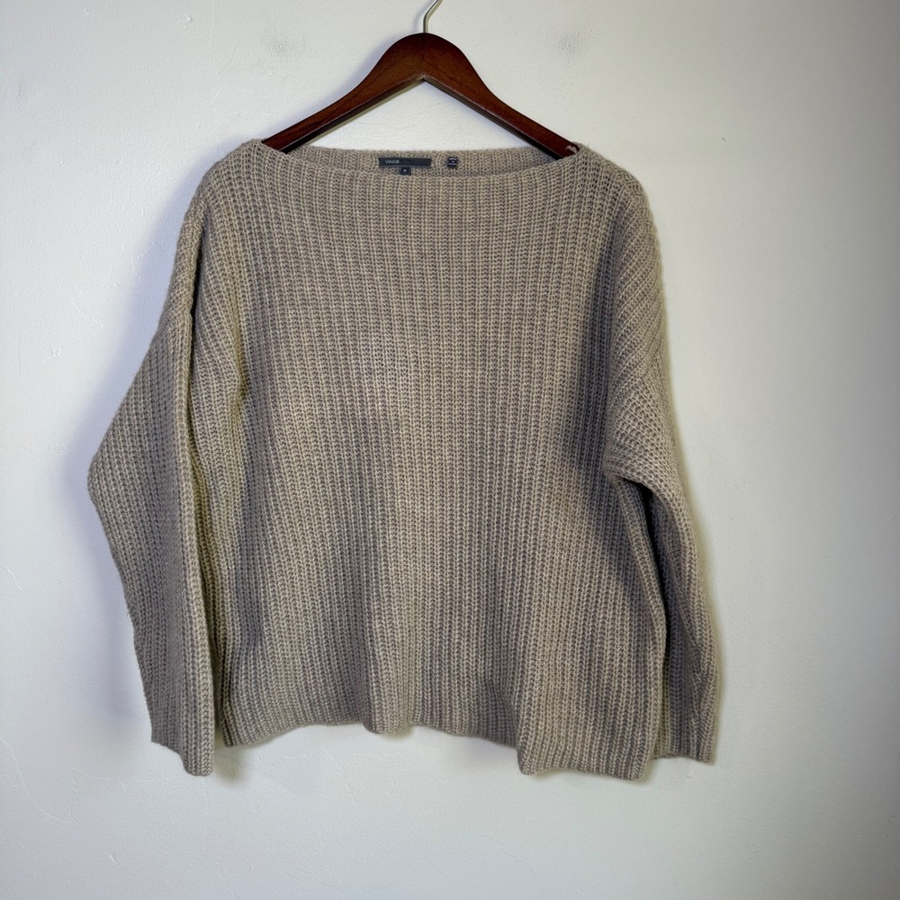Vince‎ Ribbed Boat Neck Yak Wool Blend Oversized Sweater Size S Taupe